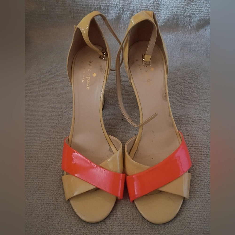 Kate Spade Vintage Color Block Beige and Coral Patent Leather Ankle-Strap Heels